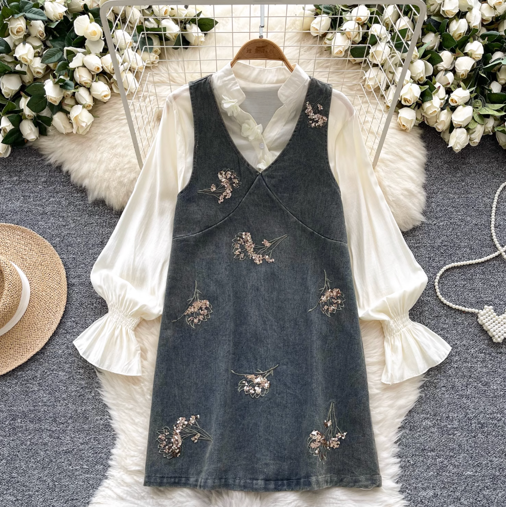 Denim Vest Dress & Bottoming Shirt 2Pcs