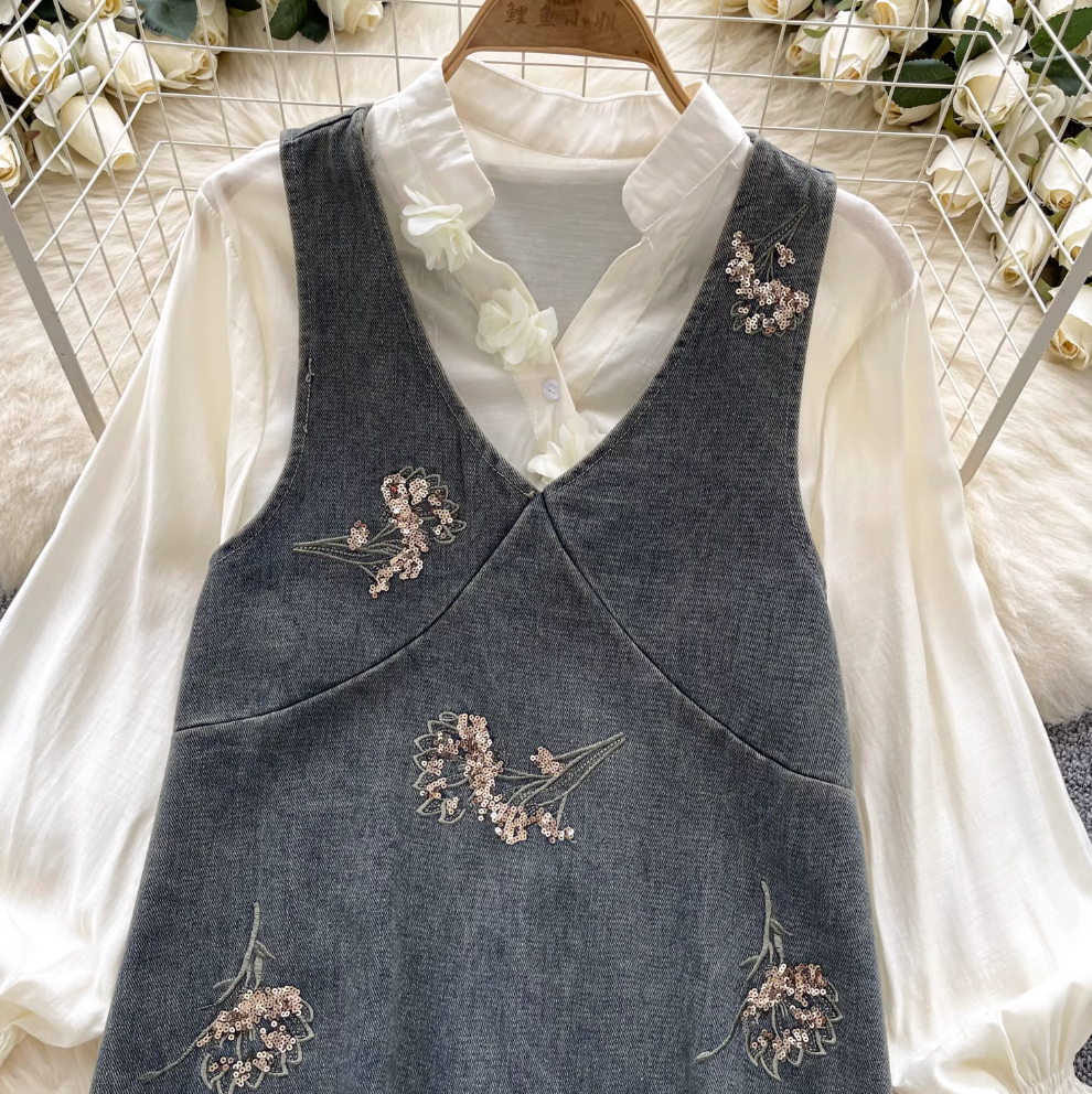 Denim Vest Dress & Bottoming Shirt 2Pcs