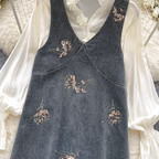 Denim Vest Dress & Bottoming Shirt 2Pcs