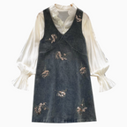 Denim Vest Dress & Bottoming Shirt 2Pcs