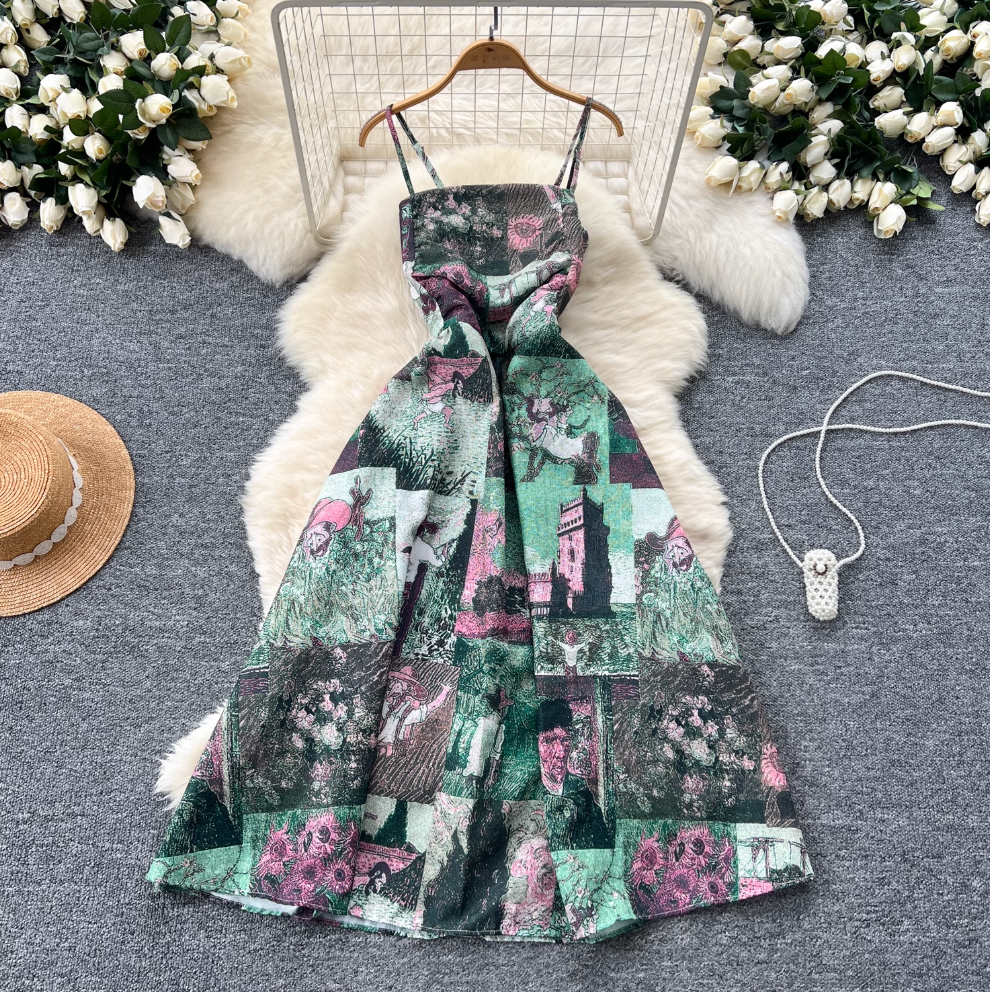 Vintage Elastic Printed Slip Dress