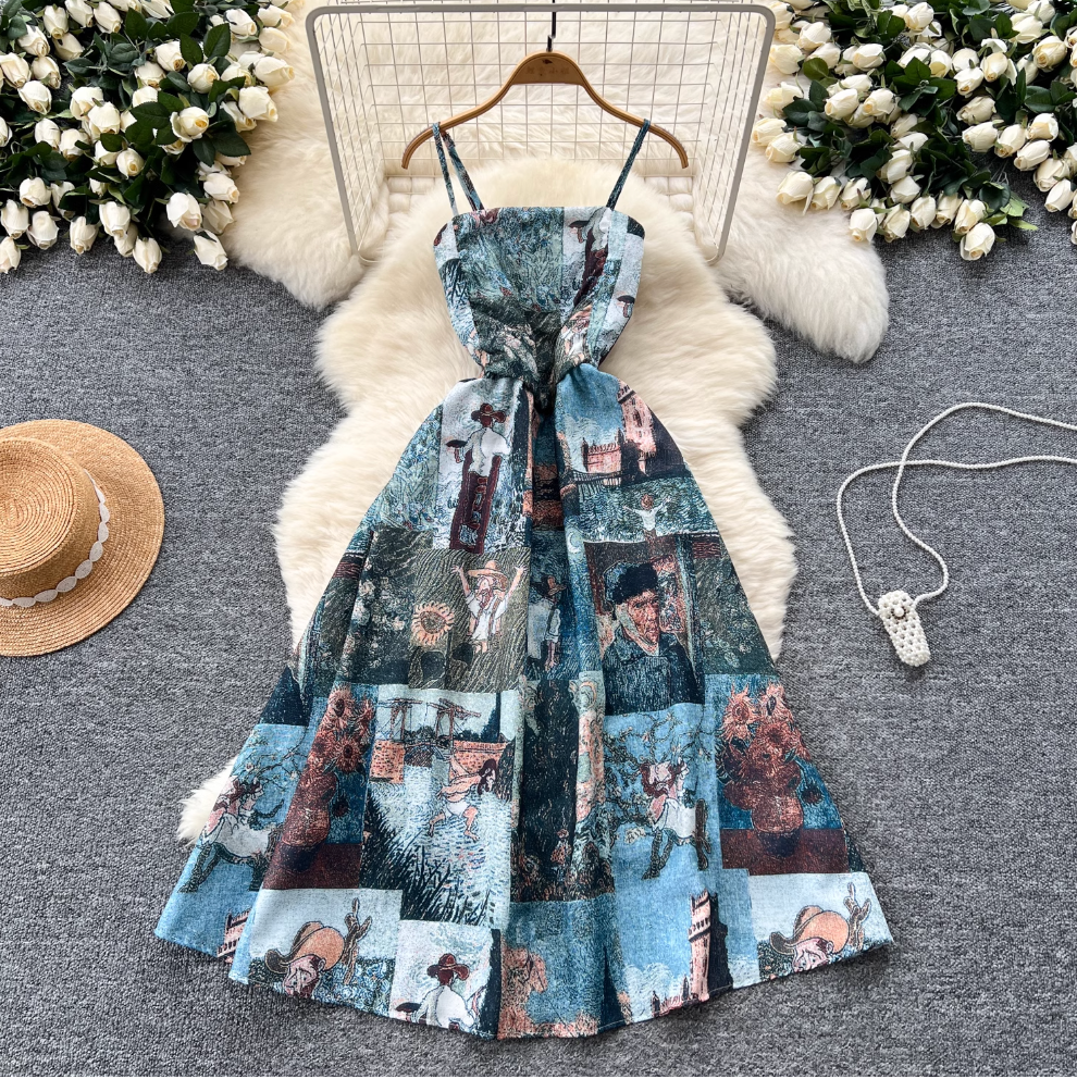 Vintage Elastic Printed Slip Dress