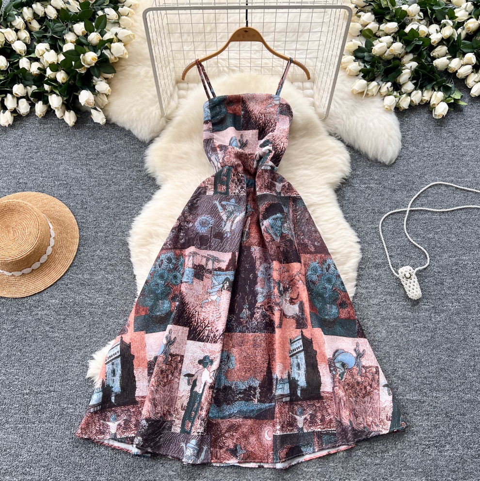 Vintage Elastic Printed Slip Dress