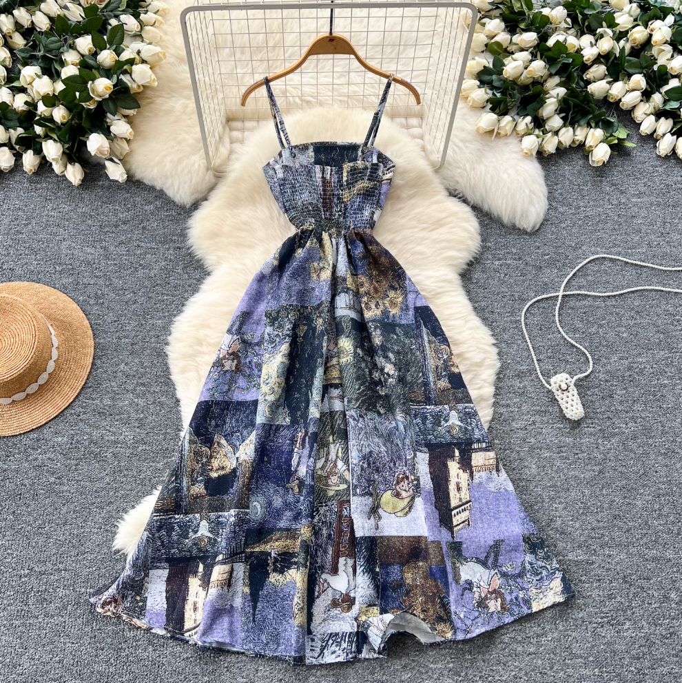Vintage Elastic Printed Slip Dress