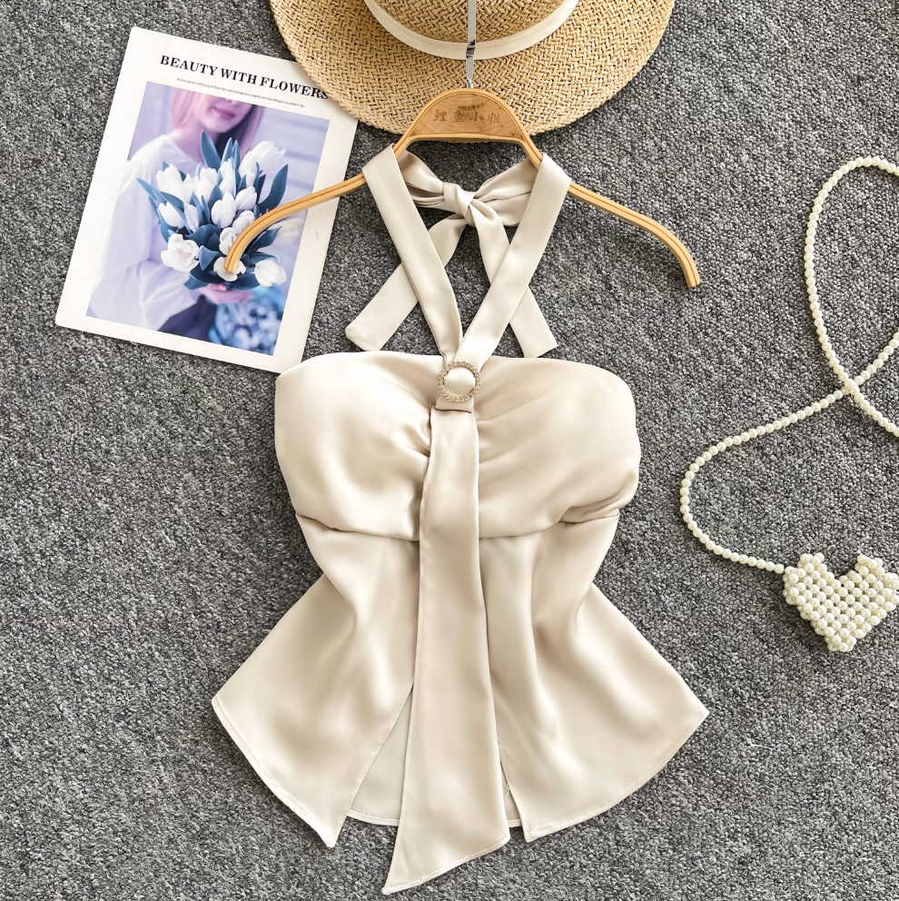 Elegant Satin Cross Halter Top