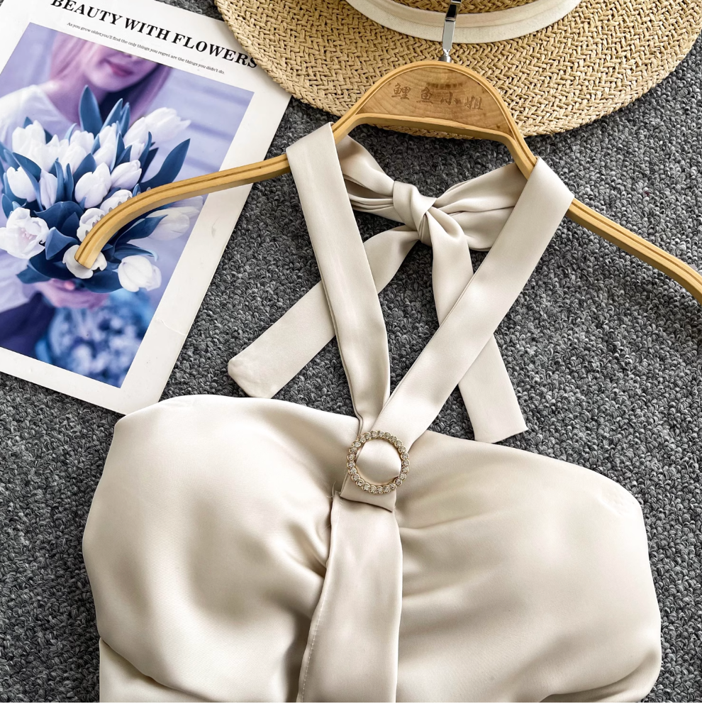 Elegant Satin Cross Halter Top
