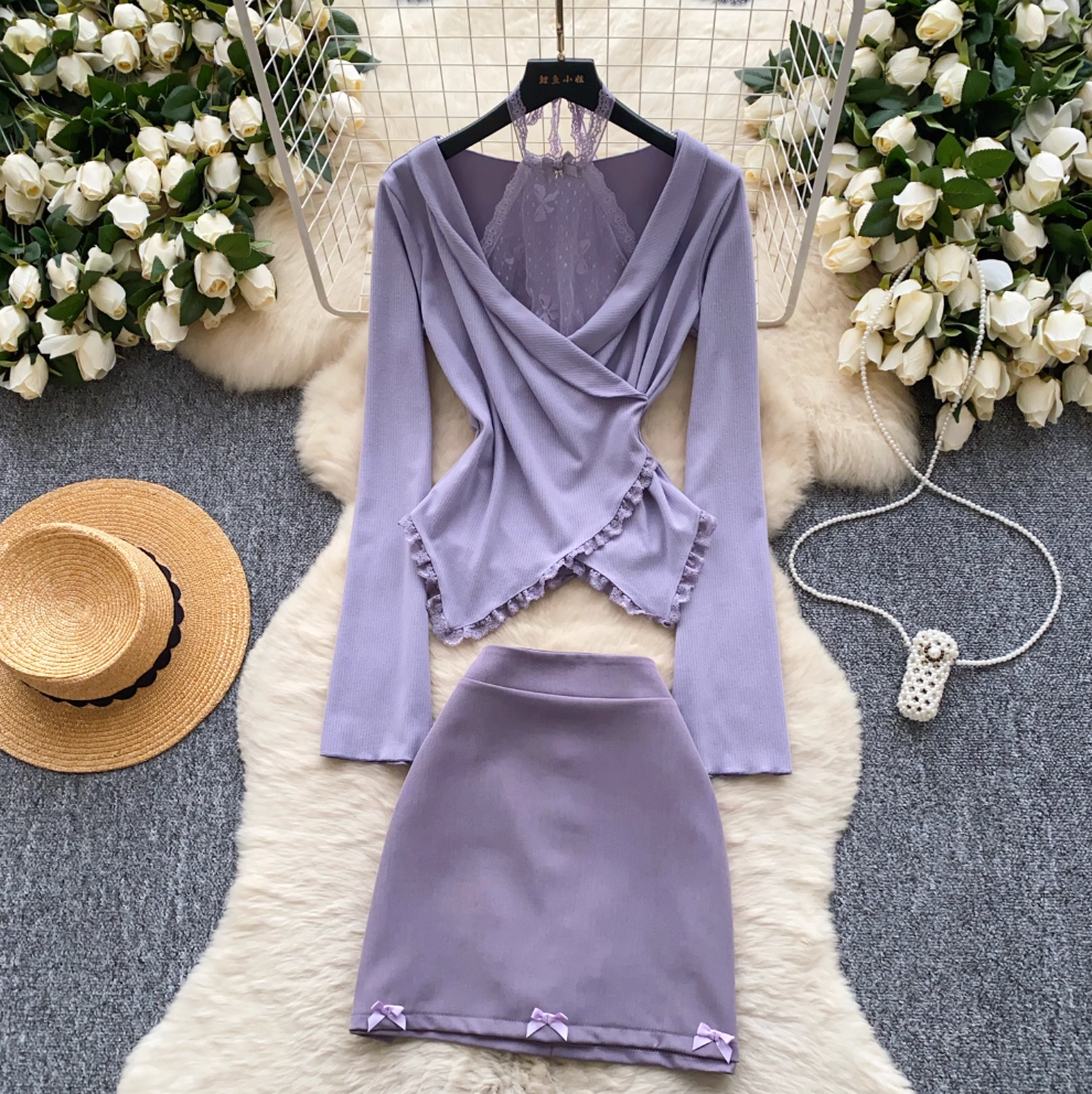 Lace-trim Purple Top & Skirt 2Pcs