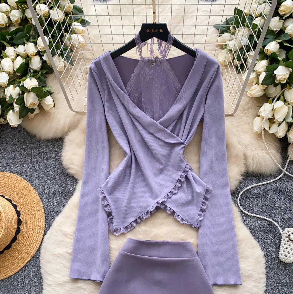 Lace-trim Purple Top & Skirt 2Pcs