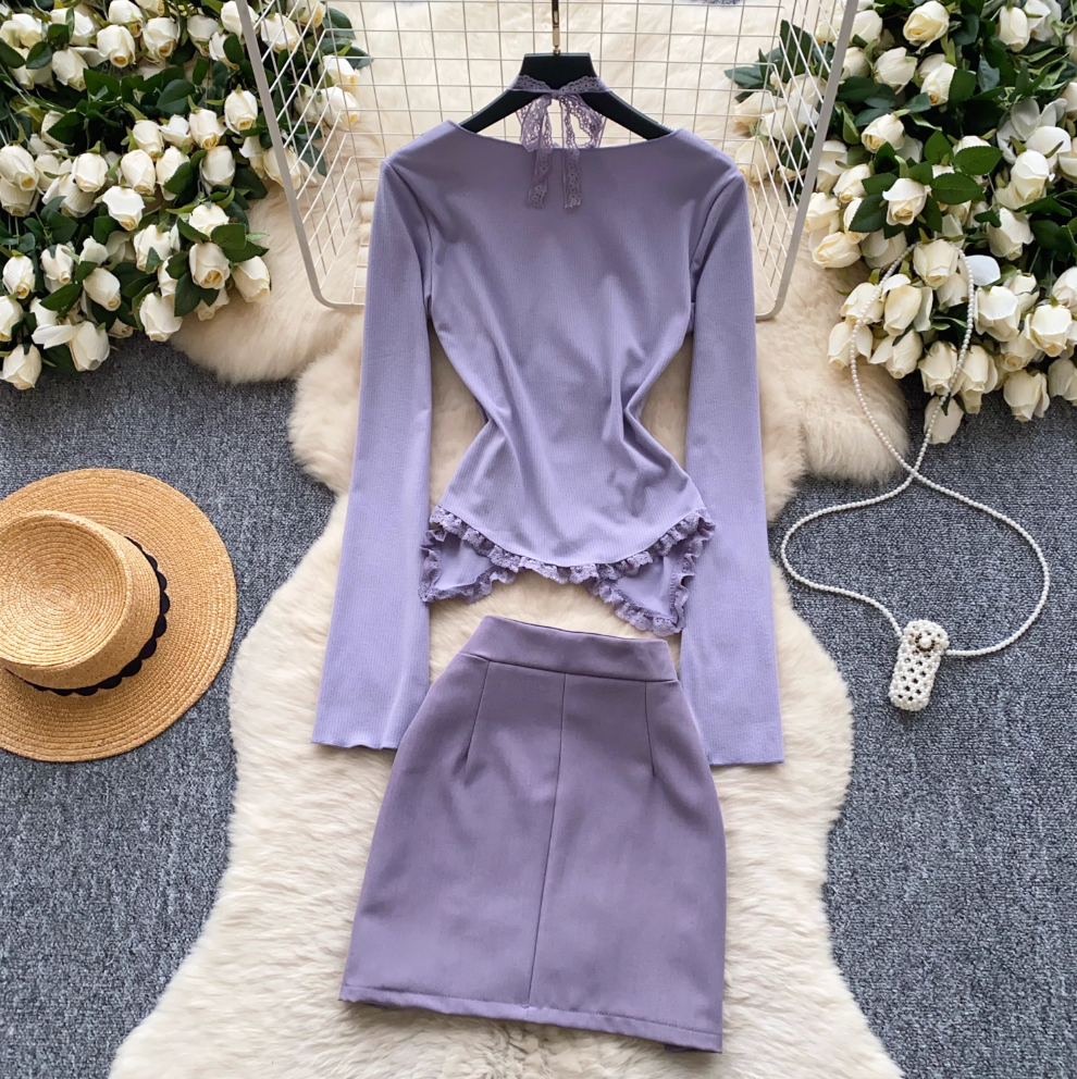 Lace-trim Purple Top & Skirt 2Pcs