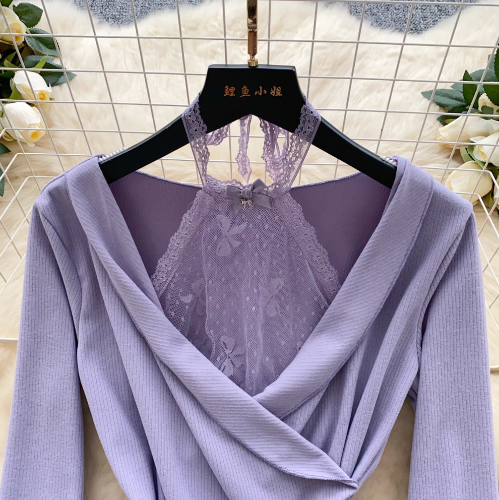 Lace-trim Purple Top & Skirt 2Pcs