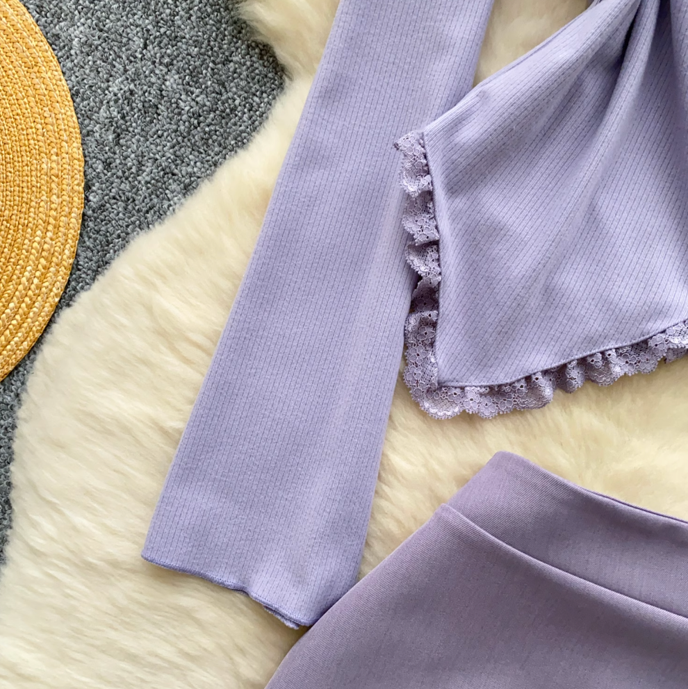Lace-trim Purple Top & Skirt 2Pcs