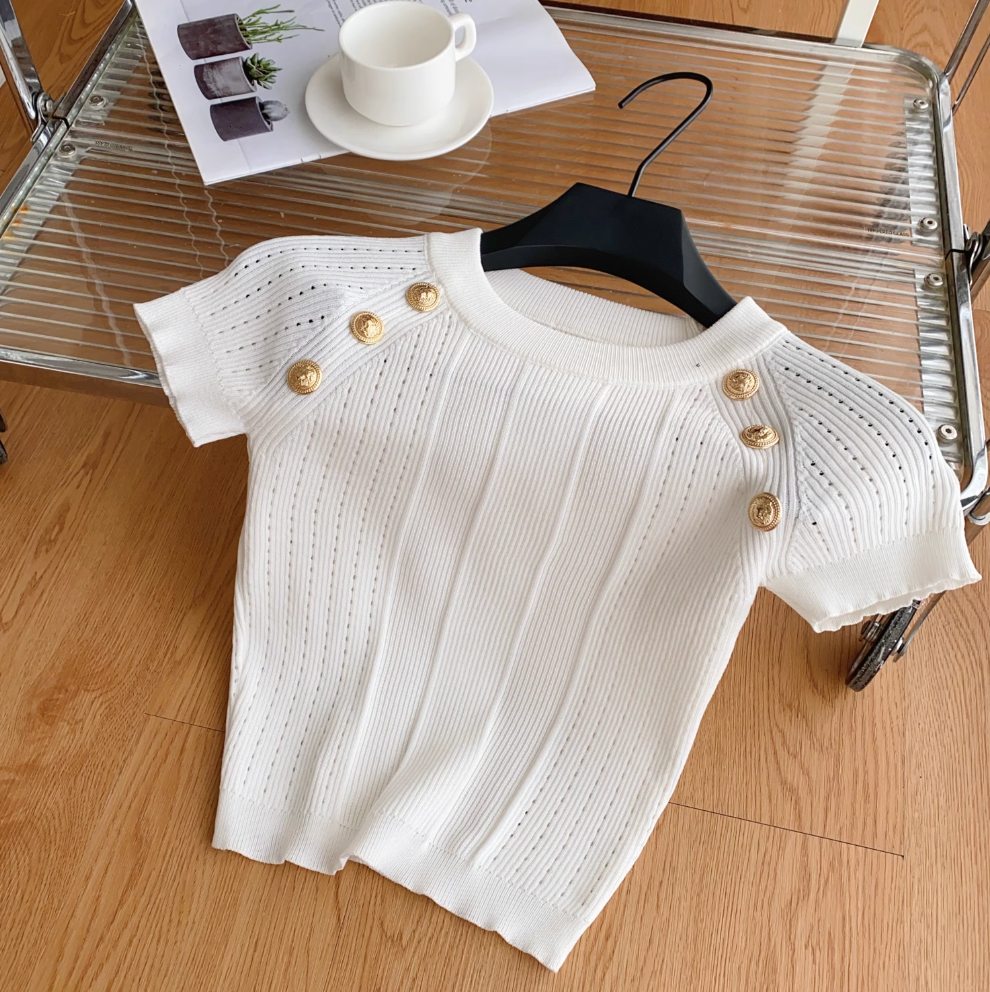 Metal Button Midriff-baring Sweater