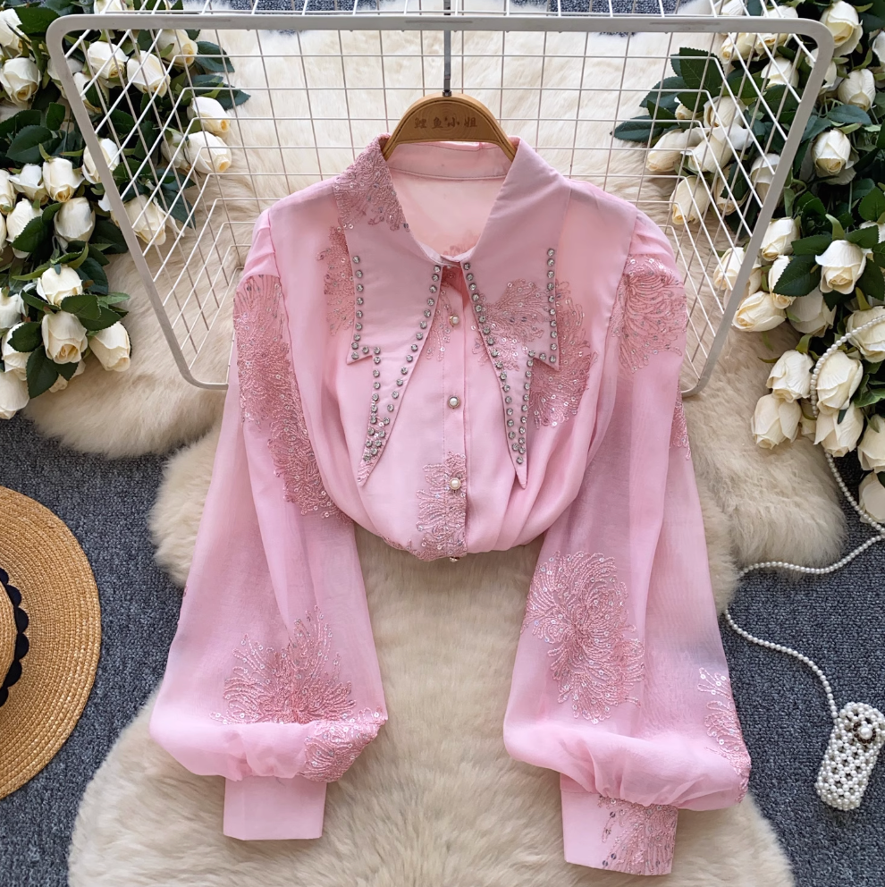 Pointed Collar Sequined Embroidery Shirt