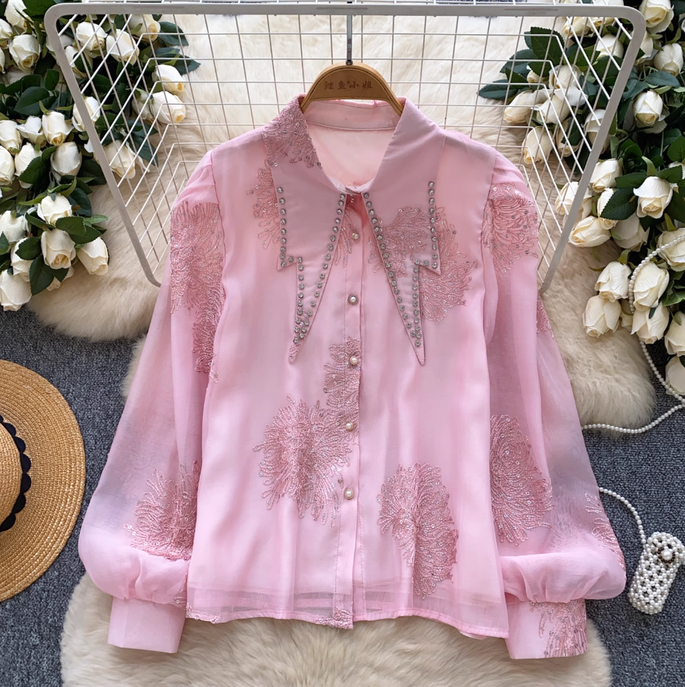Pointed Collar Sequined Embroidery Shirt