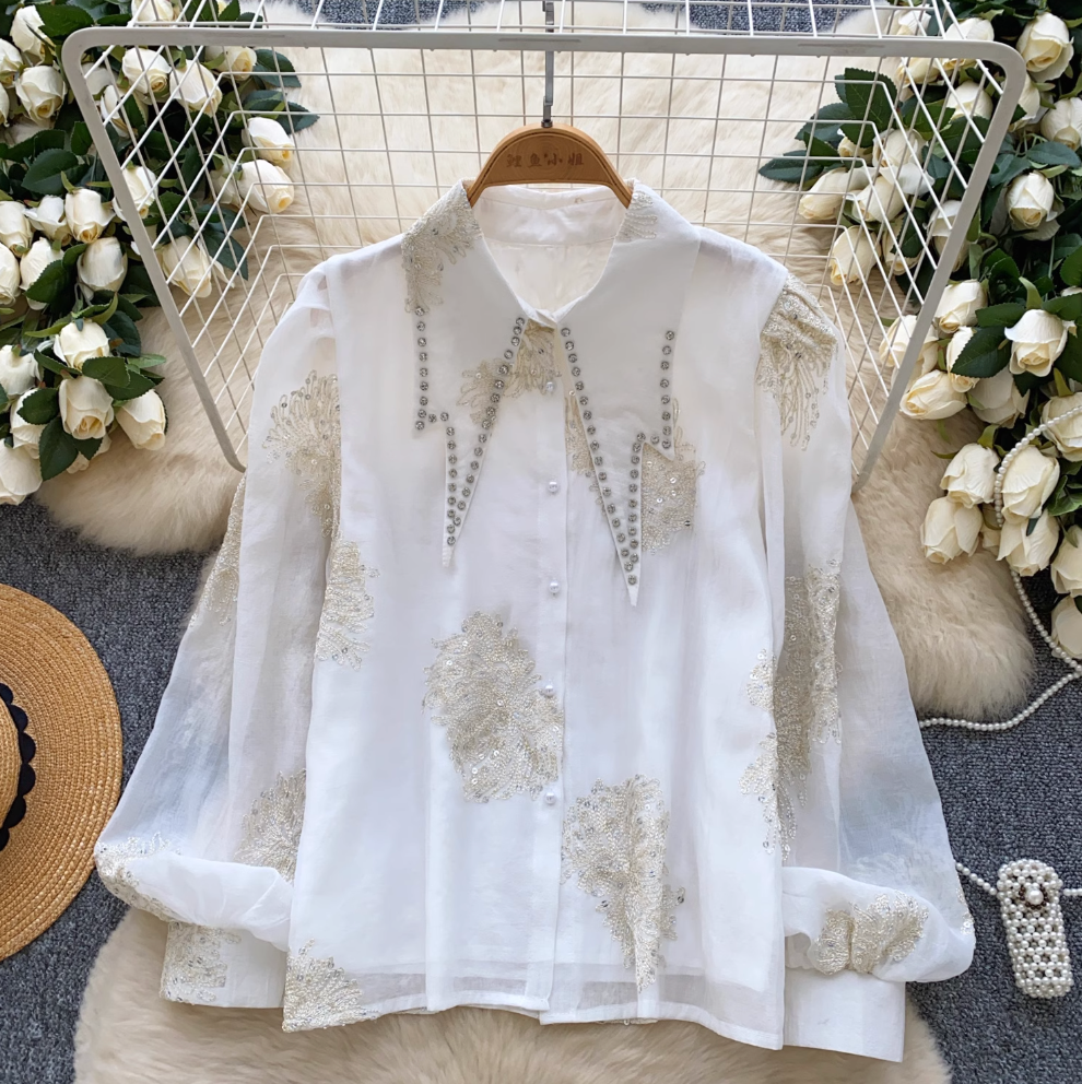 Pointed Collar Sequined Embroidery Shirt