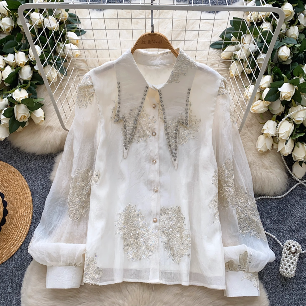 Pointed Collar Sequined Embroidery Shirt