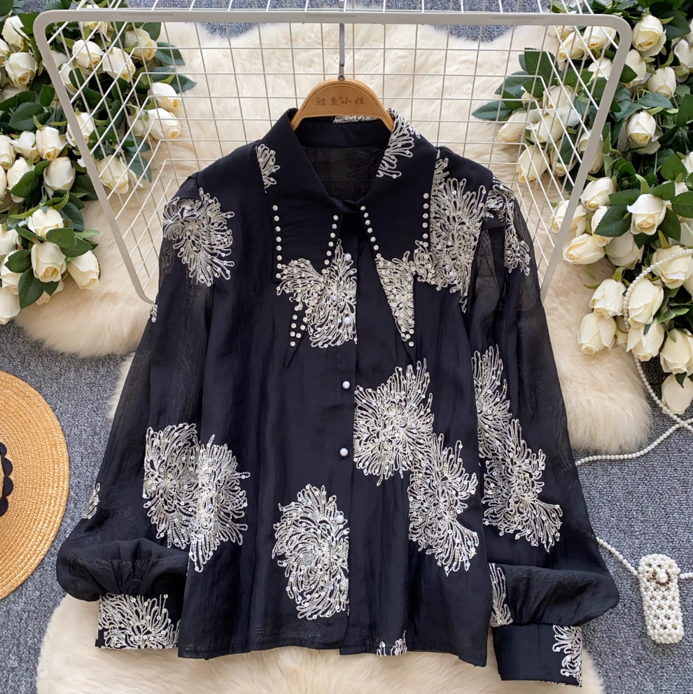Pointed Collar Sequined Embroidery Shirt
