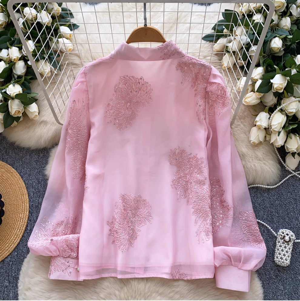 Pointed Collar Sequined Embroidery Shirt