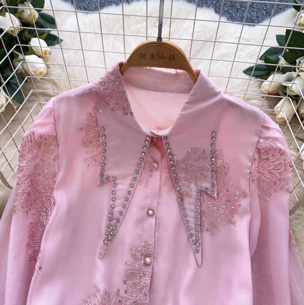 Pointed Collar Sequined Embroidery Shirt