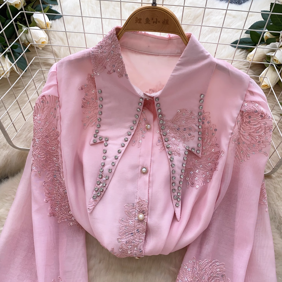 Pointed Collar Sequined Embroidery Shirt