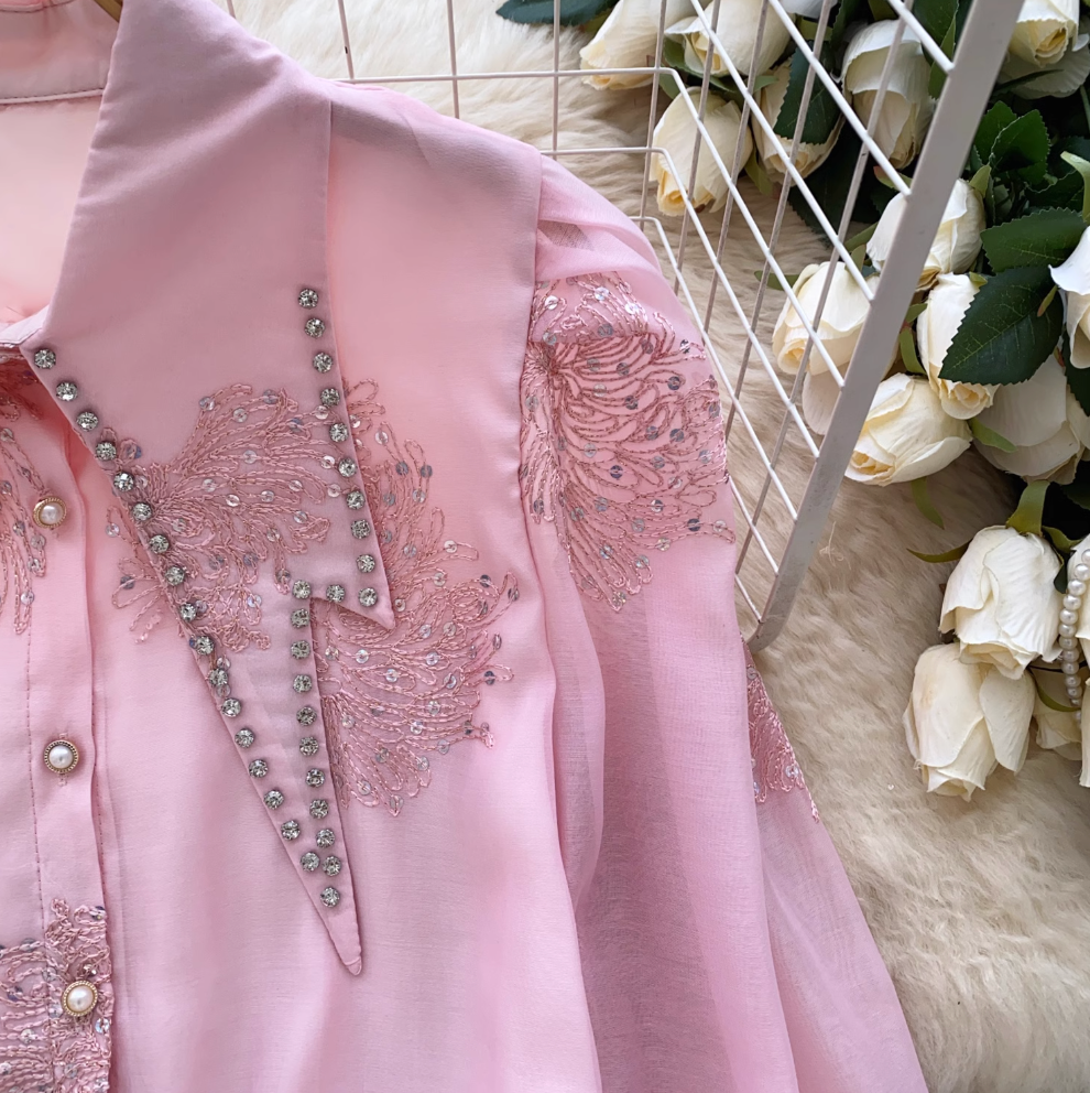 Pointed Collar Sequined Embroidery Shirt