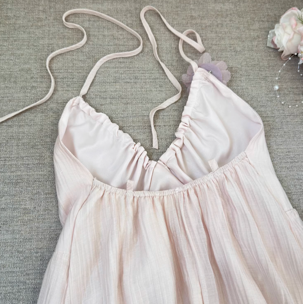 Backless 3d Floral Pink Slip Dress