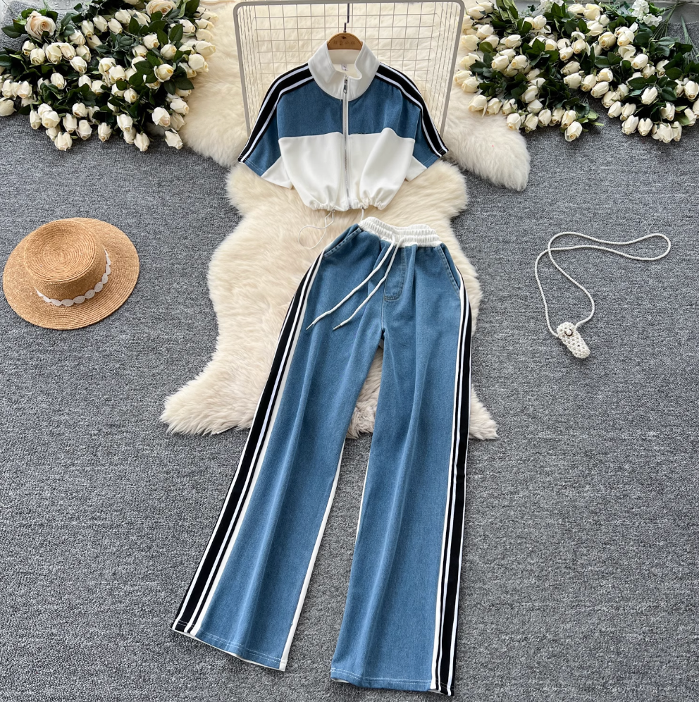 Color-blocking Sweatshirt & Denim Trousers 2Pcs