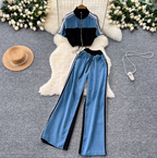 Color-blocking Sweatshirt & Denim Trousers 2Pcs