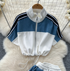 Color-blocking Sweatshirt & Denim Trousers 2Pcs