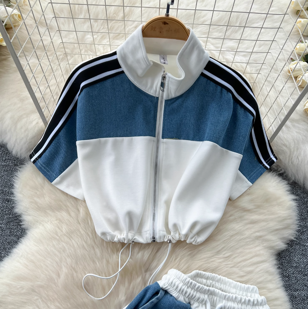 Color-blocking Sweatshirt & Denim Trousers 2Pcs