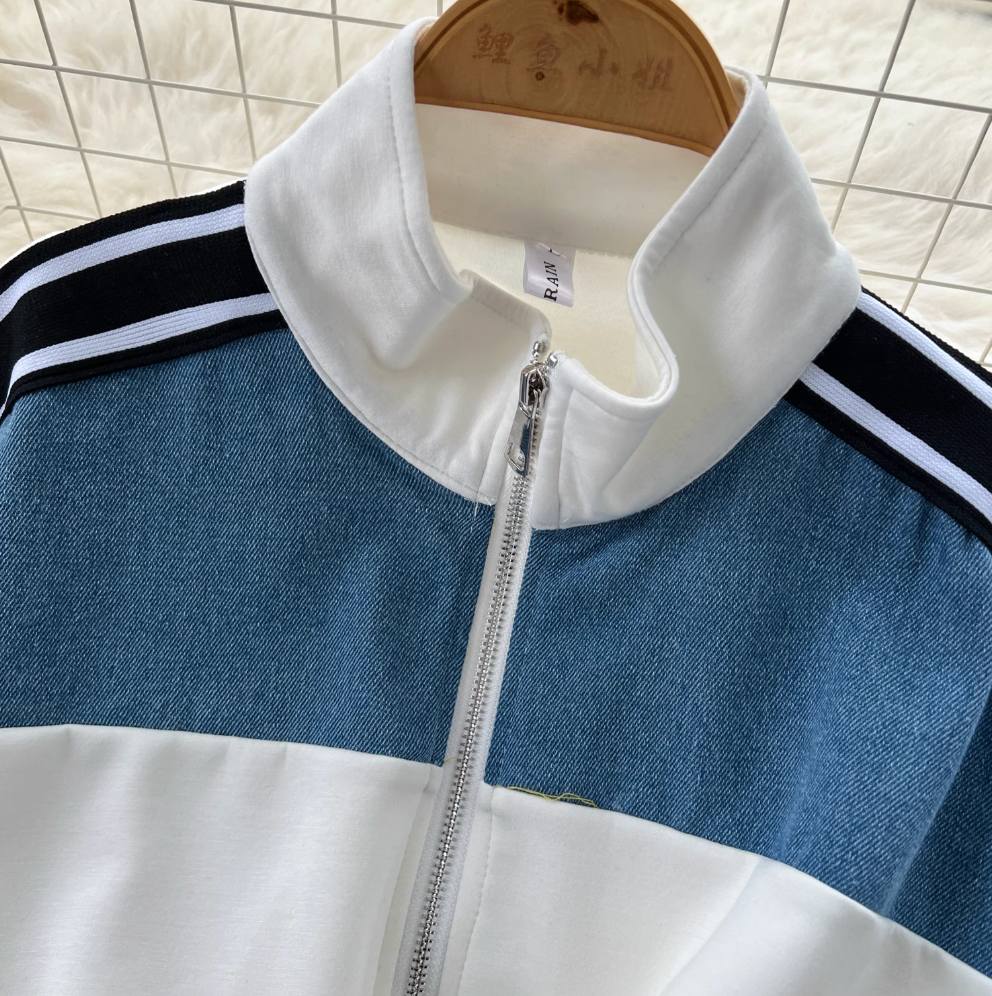 Color-blocking Sweatshirt & Denim Trousers 2Pcs