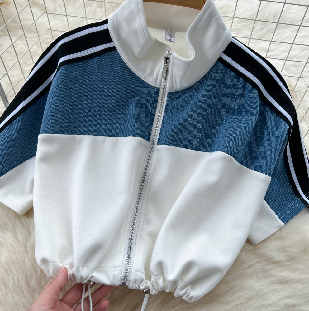 Color-blocking Sweatshirt & Denim Trousers 2Pcs