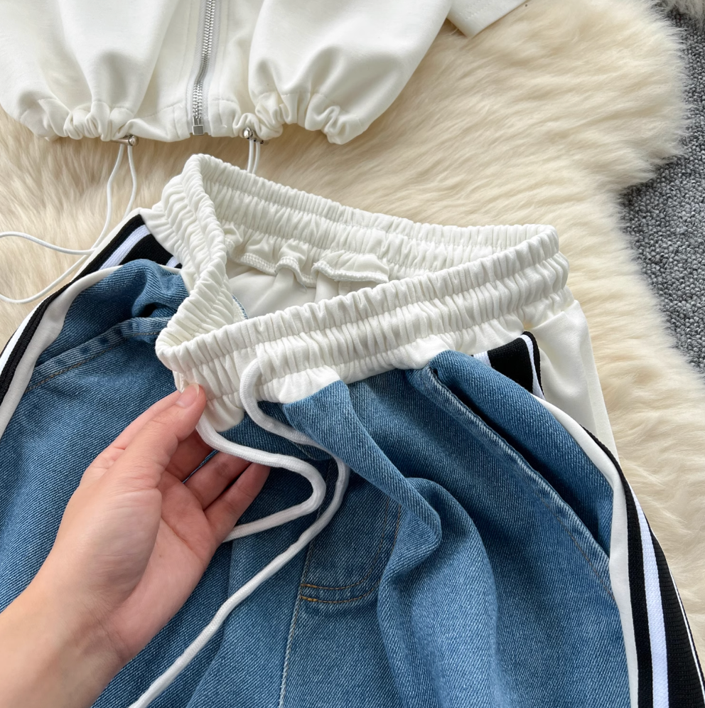 Color-blocking Sweatshirt & Denim Trousers 2Pcs