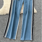 Color-blocking Sweatshirt & Denim Trousers 2Pcs