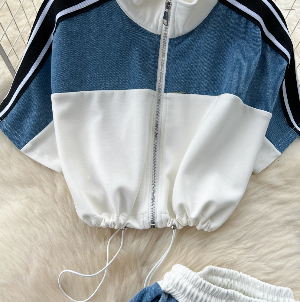Color-blocking Sweatshirt & Denim Trousers 2Pcs