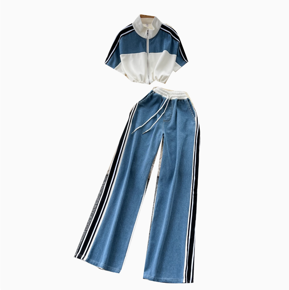 Color-blocking Sweatshirt & Denim Trousers 2Pcs