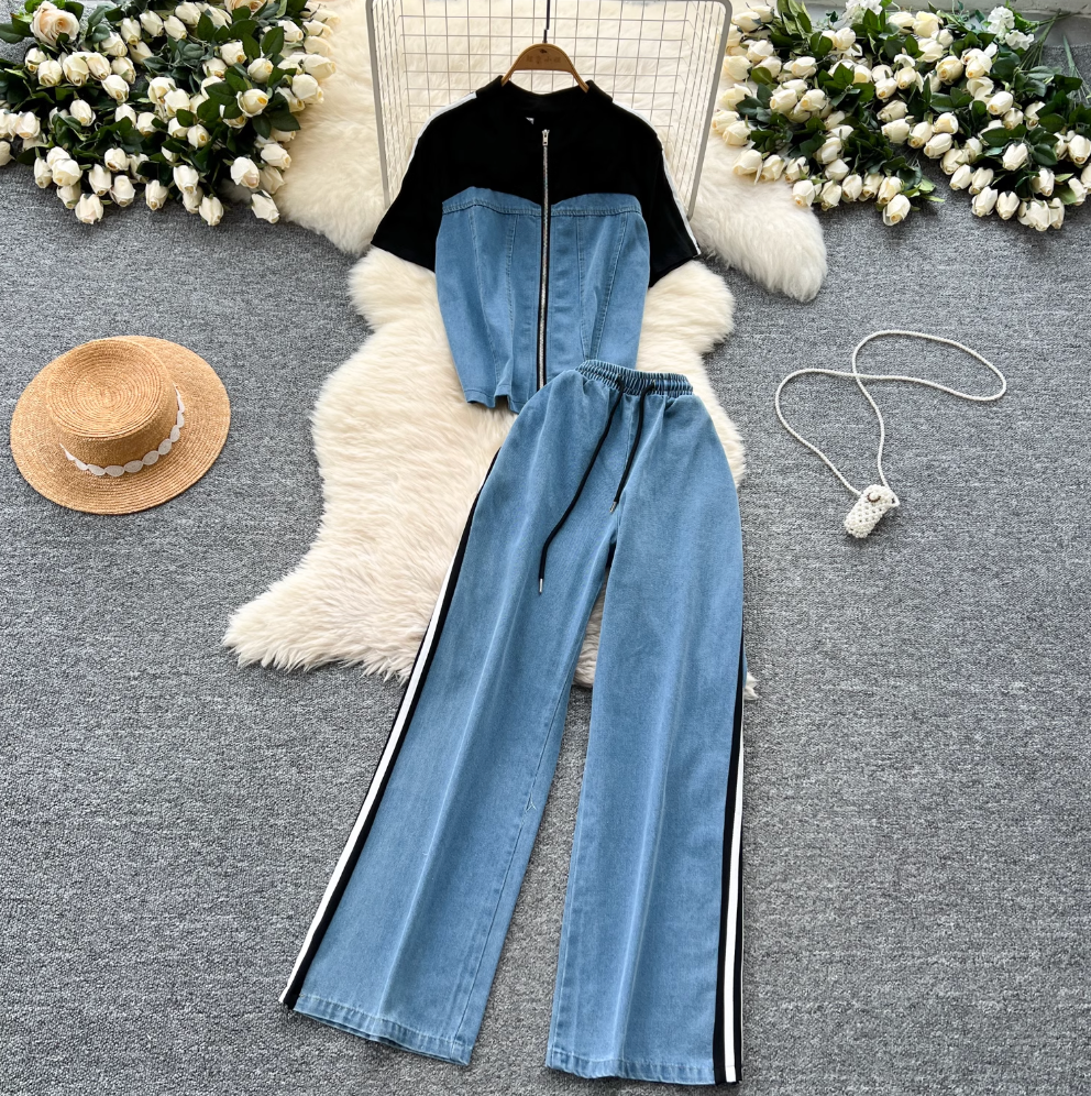 Patchwork Zipped Top & Trousers Casual 2Pcs