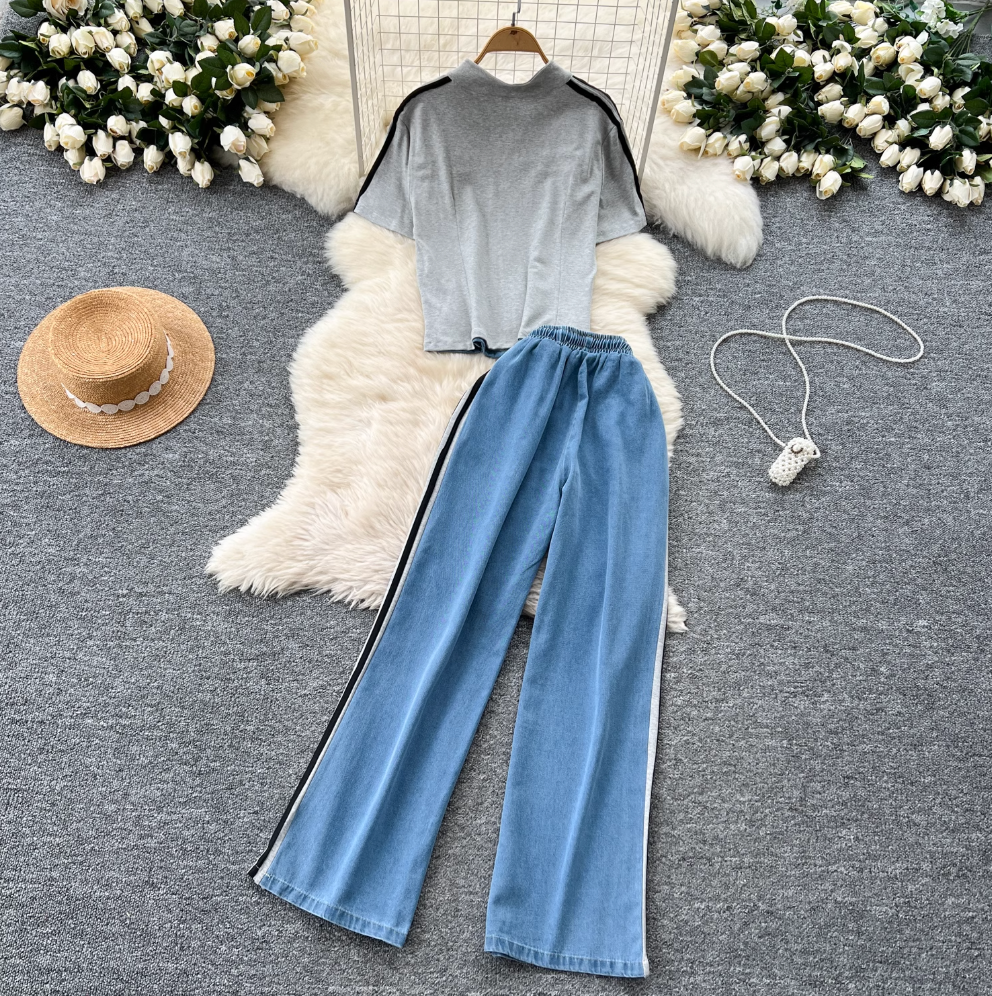 Patchwork Zipped Top & Trousers Casual 2Pcs