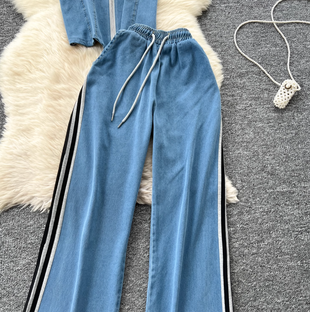 Patchwork Zipped Top & Trousers Casual 2Pcs