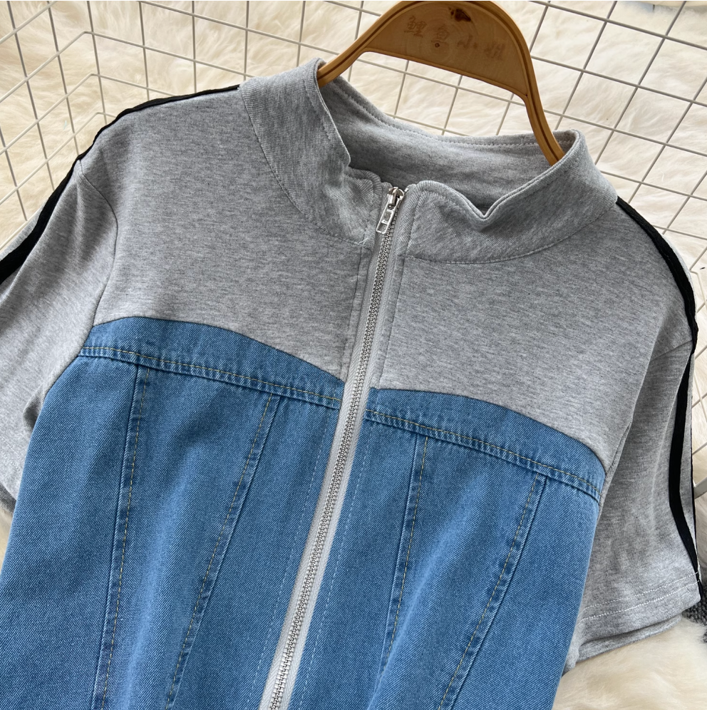 Patchwork Zipped Top & Trousers Casual 2Pcs