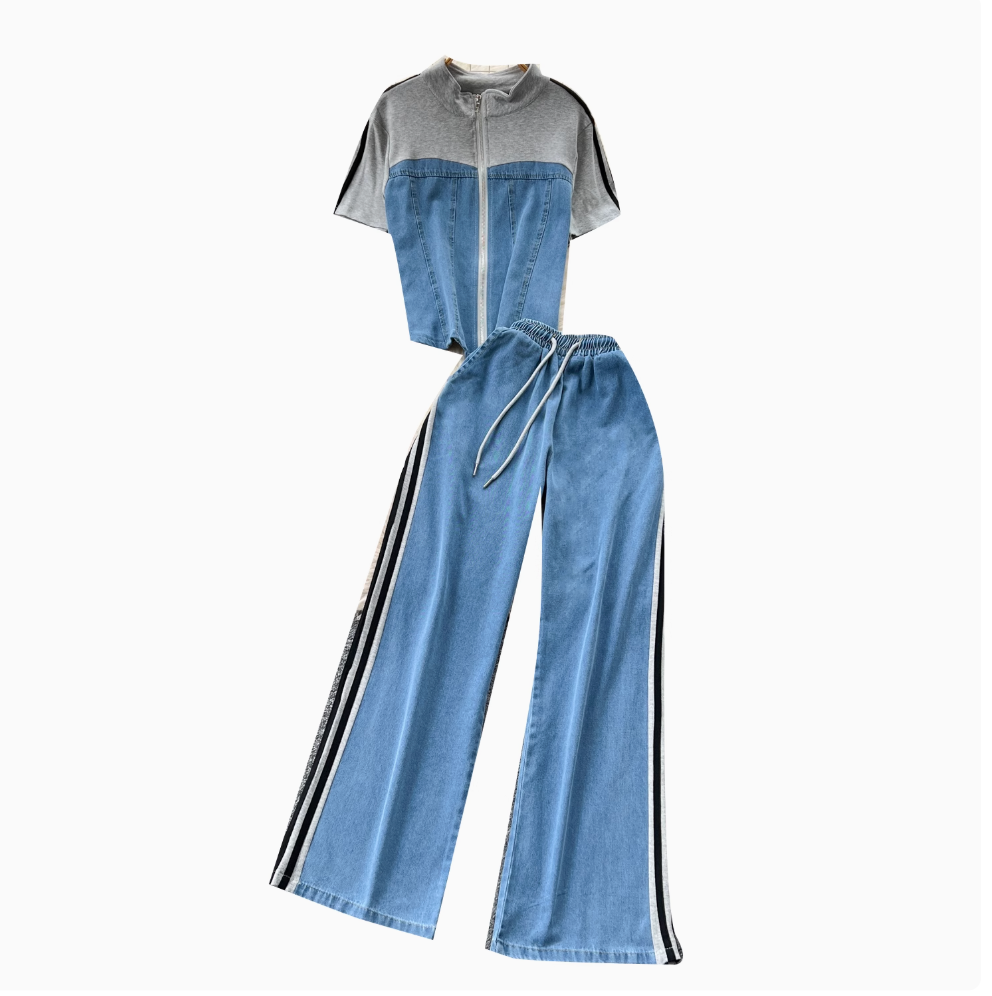 Patchwork Zipped Top & Trousers Casual 2Pcs