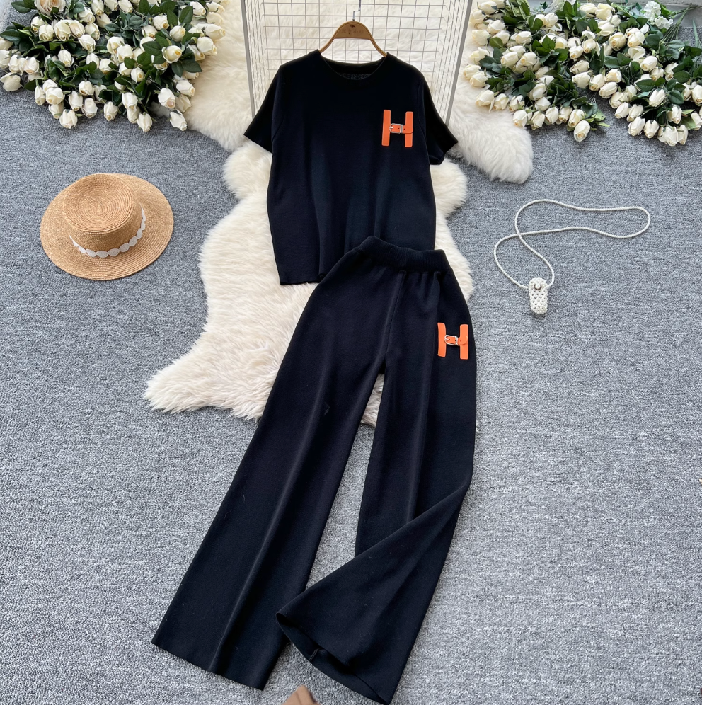 Monogrammed Embroidery Sweater & Trousers 2Pcs