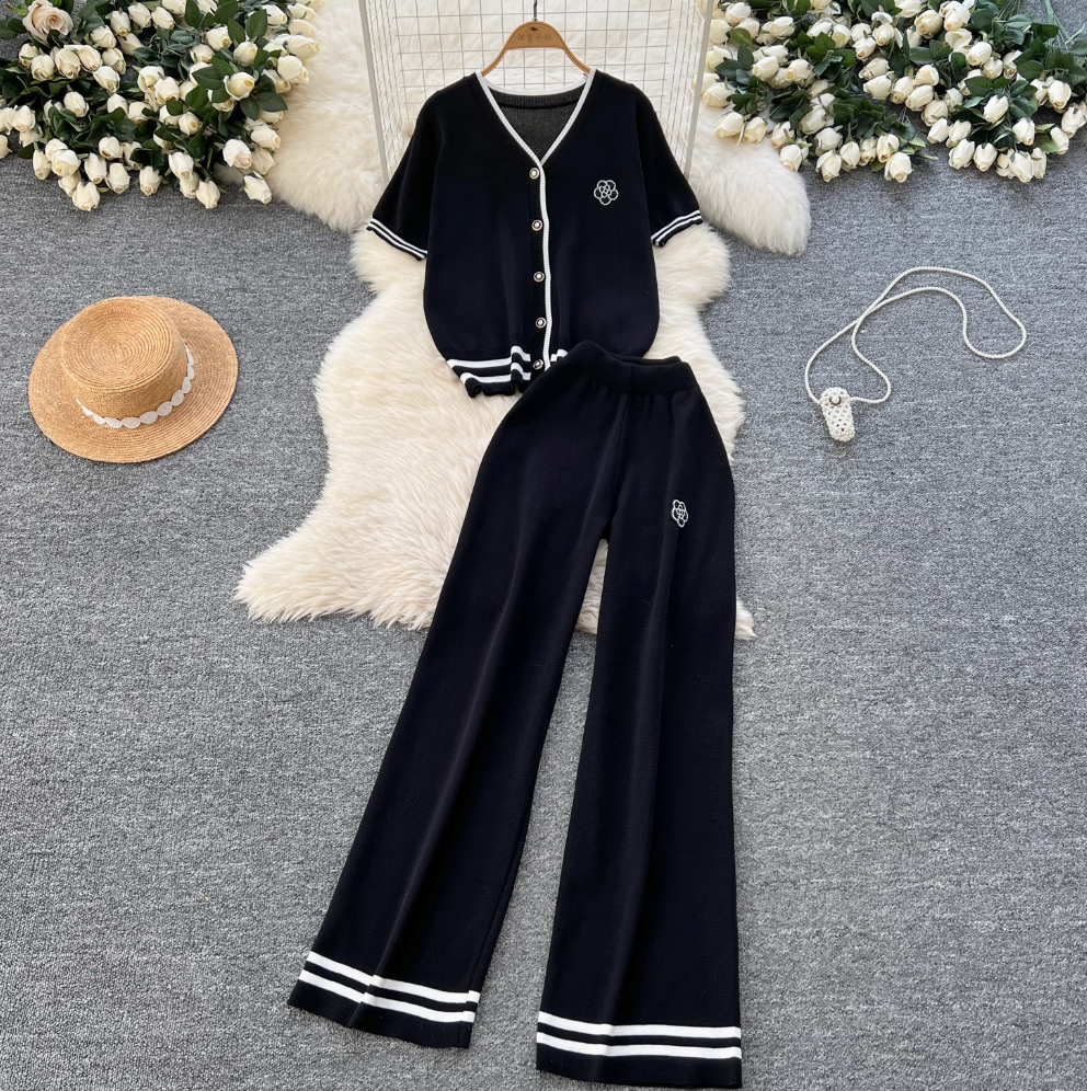 Beaded Cardigan & Wide-leg Trousers 2Pcs