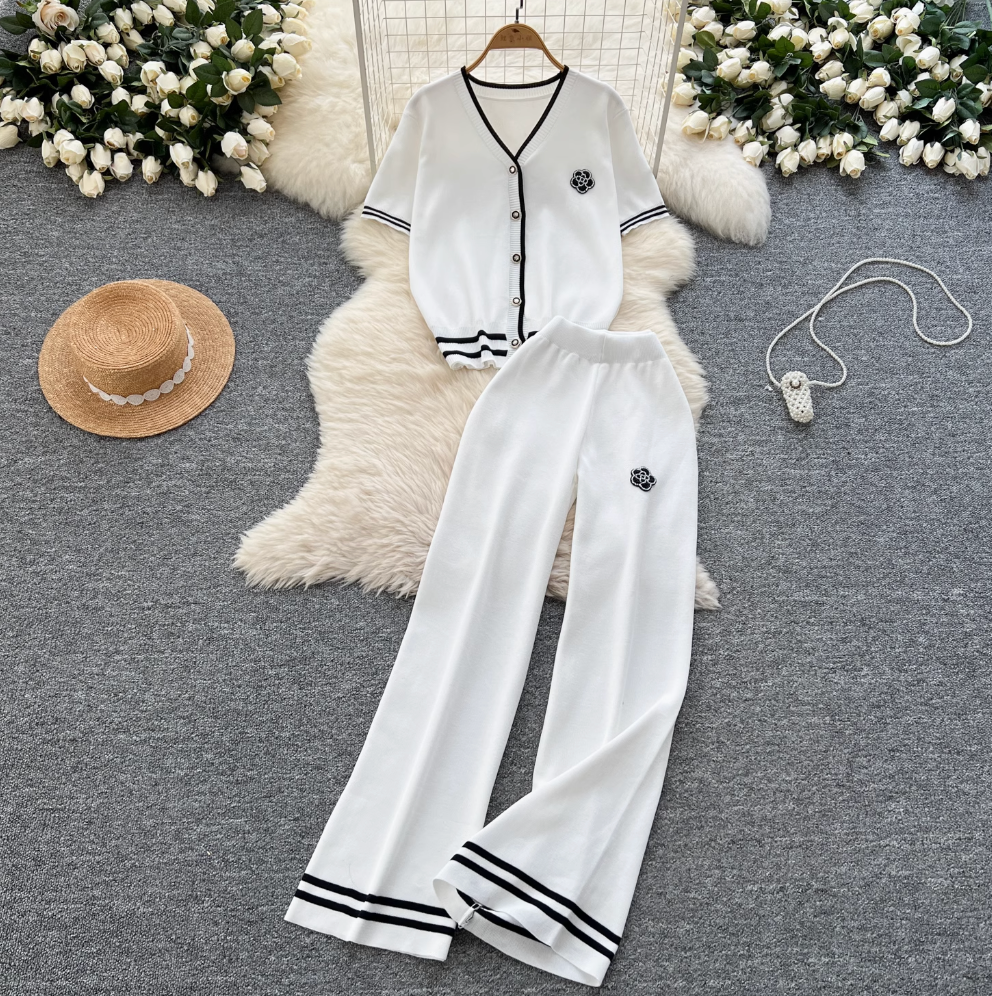 Beaded Cardigan & Wide-leg Trousers 2Pcs