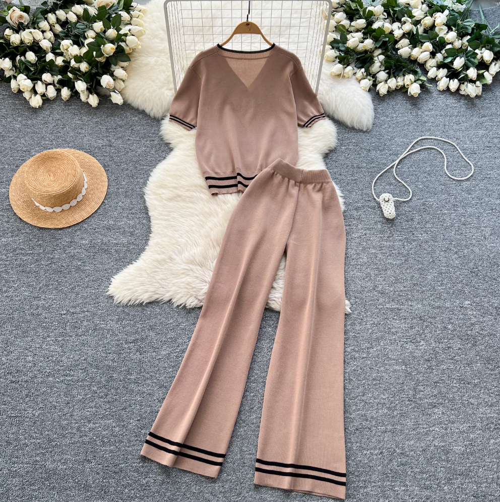Beaded Cardigan & Wide-leg Trousers 2Pcs