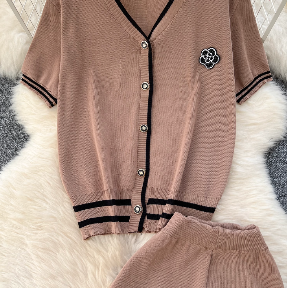 Beaded Cardigan & Wide-leg Trousers 2Pcs