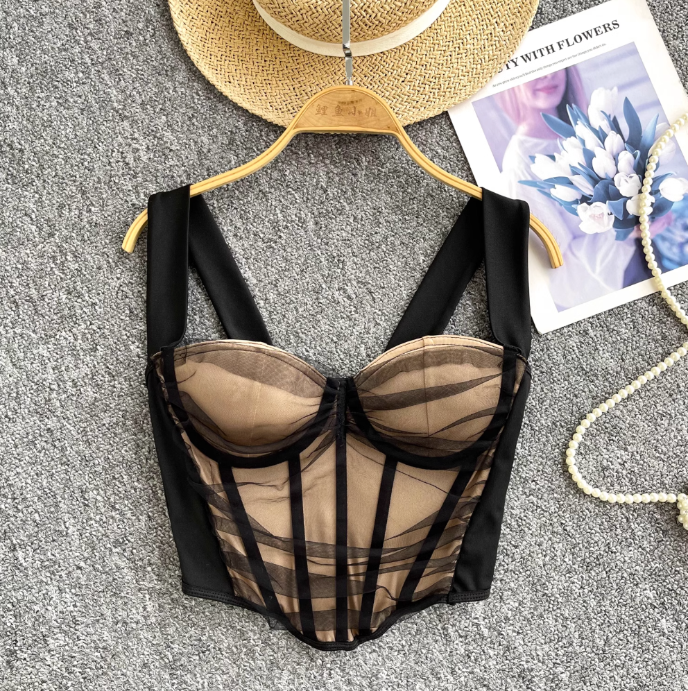 Square Neckline Black Mesh Fishbone Camisole
