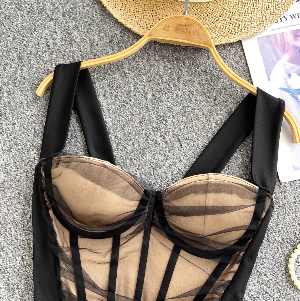 Square Neckline Black Mesh Fishbone Camisole