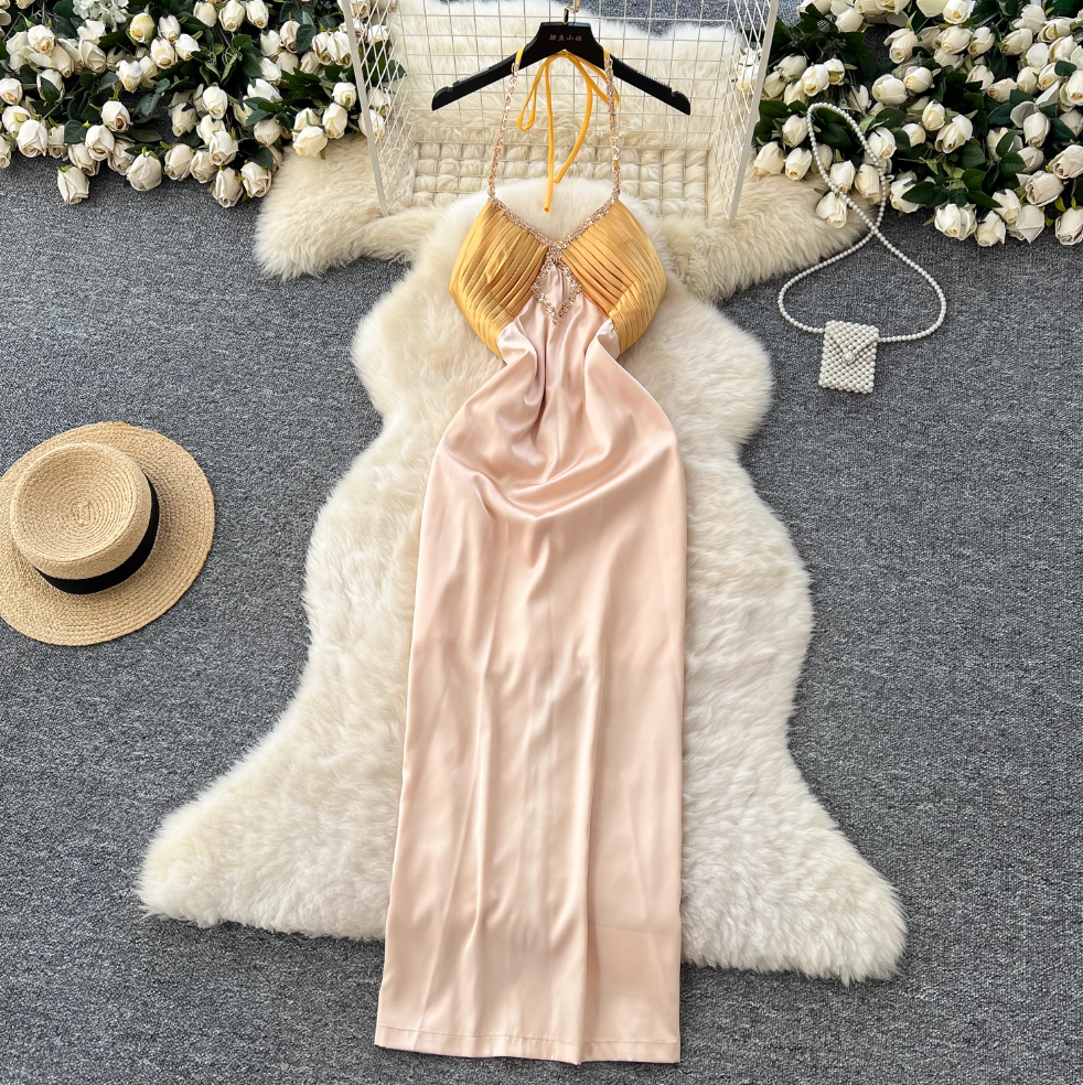 Beaded Patchwork Satin Halter Dress