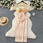 Beaded Patchwork Satin Halter Dress